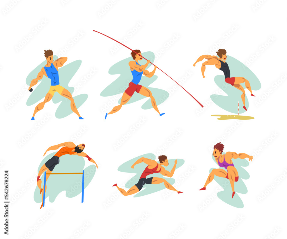 Professional Man Athlete Running, Jumping, on Barbell and Ball Throwing Vector Set