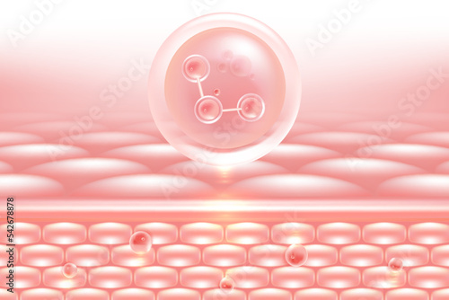 Hyaluronic acid hair and skin solutions ad, pink collagen serum drop into skin cells with cosmetic advertising background ready to use, illustration vector.