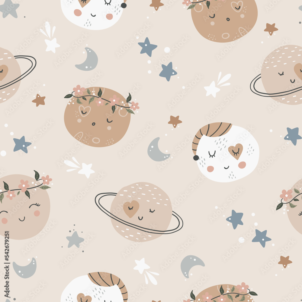Naklejka premium Cute seamless childish simple pattern for kids with cute moons and stars in Scandinavian style. Baby pattern with night sky. Fabric design. Wallpaper. Kids room design.