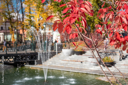 Red autumn trees and fountains in Shevchenko City Garden on a sunny day. Tourist attraction in central city park  Kharkiv Ukraine. Selective focus