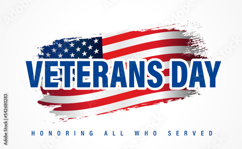 Veterans Day, lettering on flag. Honoring all who served web banner with text and flag USA. Vector illustration