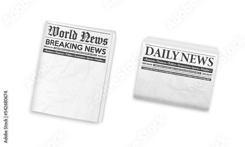 Black and white folded newspaper mockup. Blank background for news page template. Daily newspaper journal design template. Horizontal and vertical folded newspaper layout.
