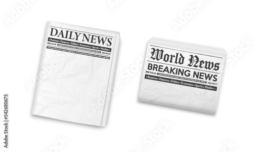 Black and white folded newspaper mockup. Blank background for news page template. Daily newspaper journal design template. Horizontal and vertical folded newspaper layout.