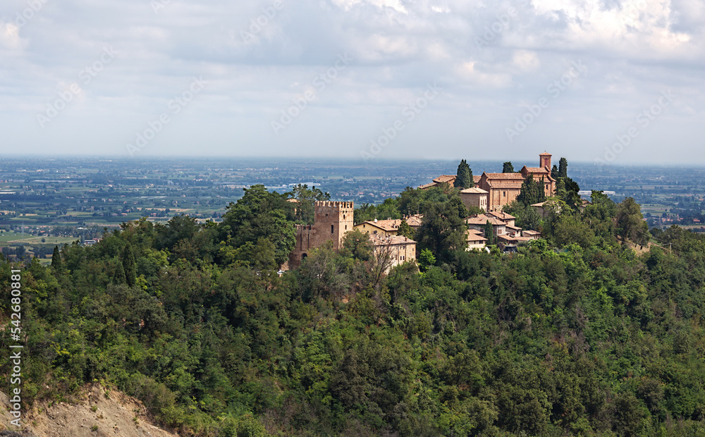Abbey of Monteveglio Bologna, in the background view of the Po Valley, Emilia Romagna Region Italy