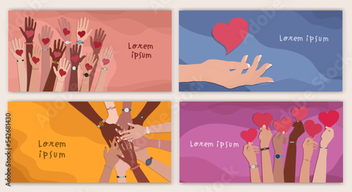 Banner with group of volunteer diversity people. Editable poster template. Hand up holding a heart in their hand. Charity solidarity donation. NGO. Community. Hands in a circle. Web page