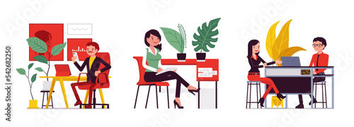 Business and lifestyle scene cartoon set. Businessman working at desk, office interior, woman, office assistant sitting, bank teller customer service. Vector creative vibrant botanical illustration