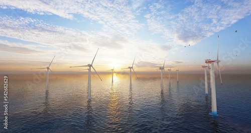 Offshore Wind Turbines Farm at sunset. 3d rendering. 