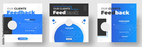 Customer feedback testimonial social media post web banner template. client testimonials social media post banner design template with blue color