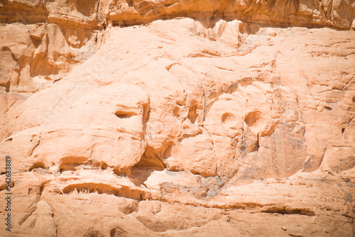 Wadi rum sandstone rock formations with natural symbolic figures on rocks alike star wars characters. Wadi rum desert valley of the moon filming location of famous movies