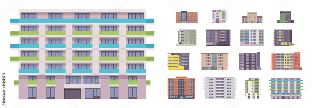 Contemporary city tower block building set. High rise new, glassy tall apartment buildings, multi-storey public housing project, social urban residence development. Vector flat style illustration