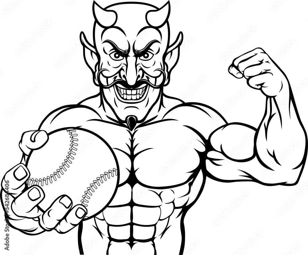 Fototapeta premium Devil Baseball Sports Mascot Holding Ball