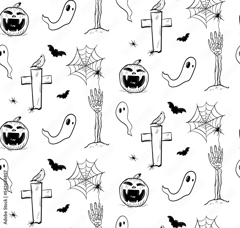 Hand drawn vector black and white Halloween pattern isolated on white ...