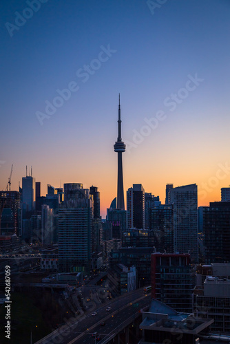 Silhouette of Toronto skyscraper with beautiful sunset colors as background 