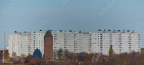Panorama with skyline of apartment skyscrapers and an old water tower in the district Solna, a sunny autumn day in Stockholm
 photo