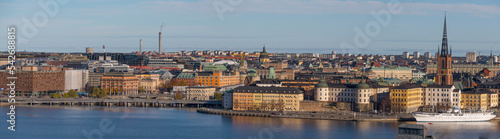 Photography Panorama view from the mountain Skinnarviksberget, down town buildings, the isla