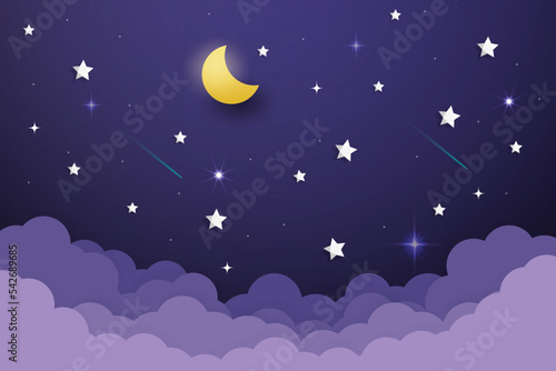 night sky with stars and moon. paper art style. Dreamy background with moon stars and clouds, abstract fantasy background. Half moon, stars and clouds on the dark night sky background.