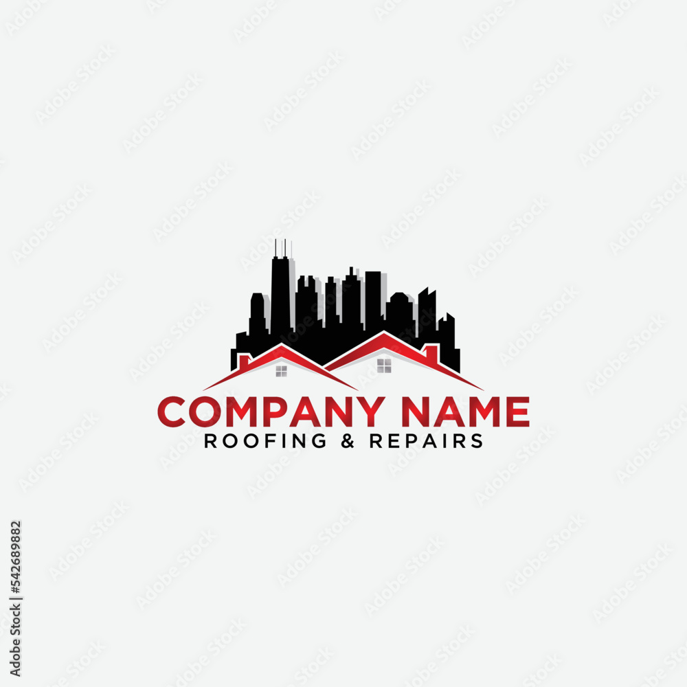 Home repair and roofing logo with city buildings and roof tops