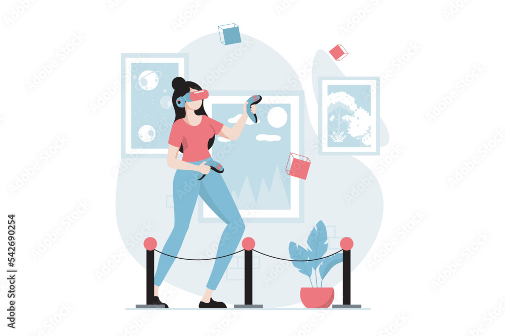 Metaverse concept with people scene in flat design. Woman wearing VR headset and holding controllers getting experience in augmented simulation. Vector illustration with character situation for web