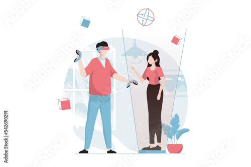 Metaverse concept with people scene in flat design. Man wearing VR headset and holding controllers communicates with hologram avatar of woman. Vector illustration with character situation for web