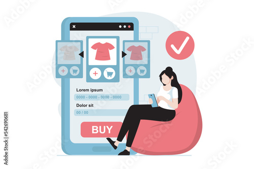 Mobile commerce concept with people scene in flat design. Woman choosing goods in shop, makes online purchases and orders goods in mobile app. Vector illustration with character situation for web