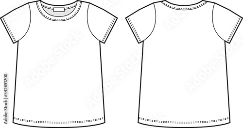 Blank t shirt technical sketch. Female T-shirt outline design template. Short sleeve tee mockup.