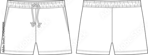 Blank shorts pants technical sketch design template. Casual shorts with pockets and lace