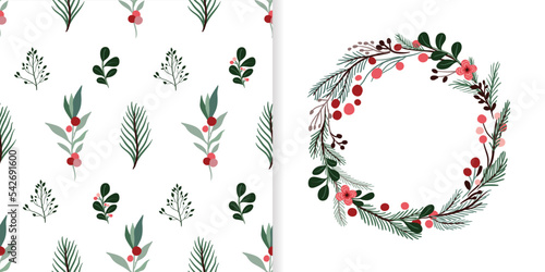 Christmas set with seamless pattern and greeting card, winter seasonal design, simple decorative wreath