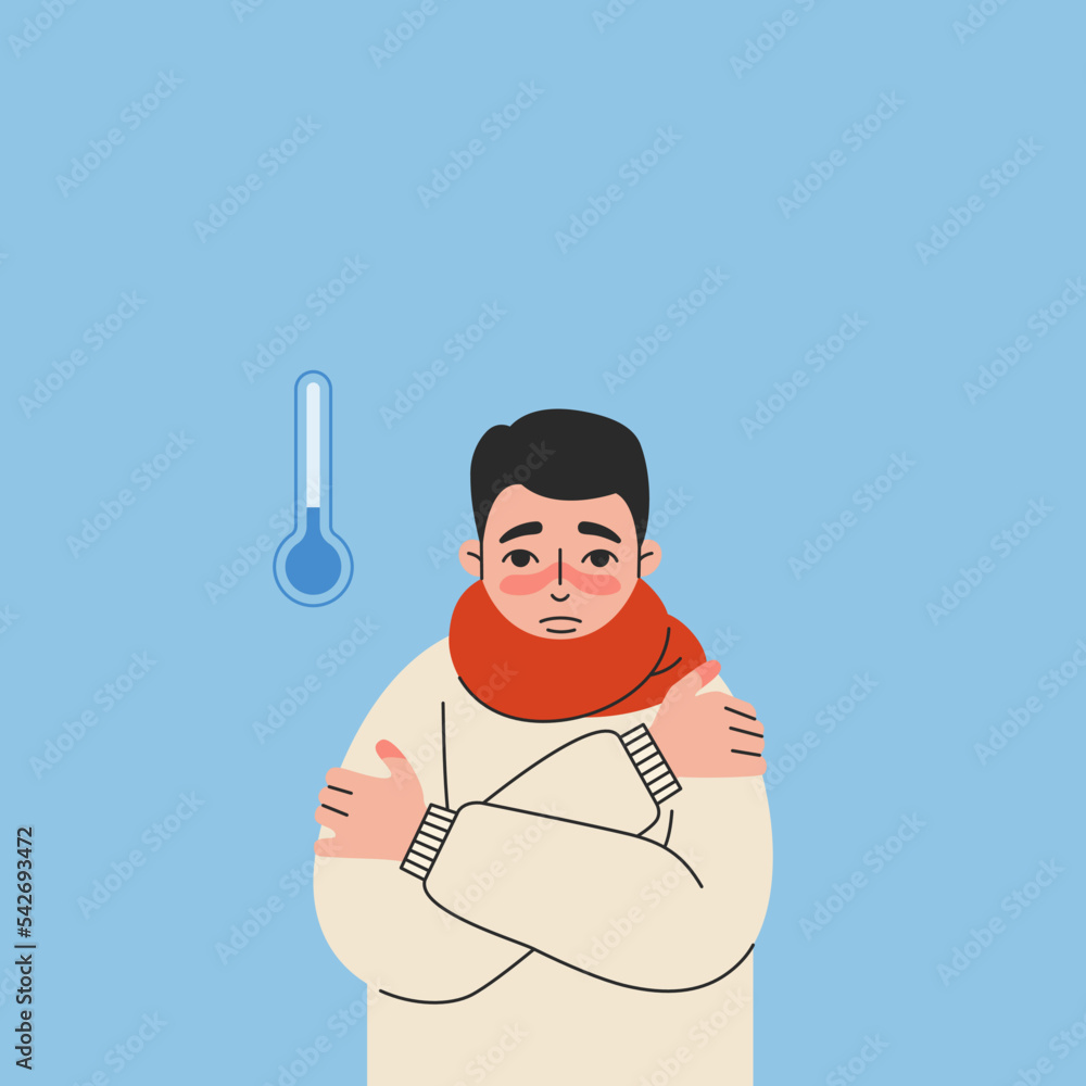 Freezing man with thermometer on blue background. Semi-flat vector illustration.
