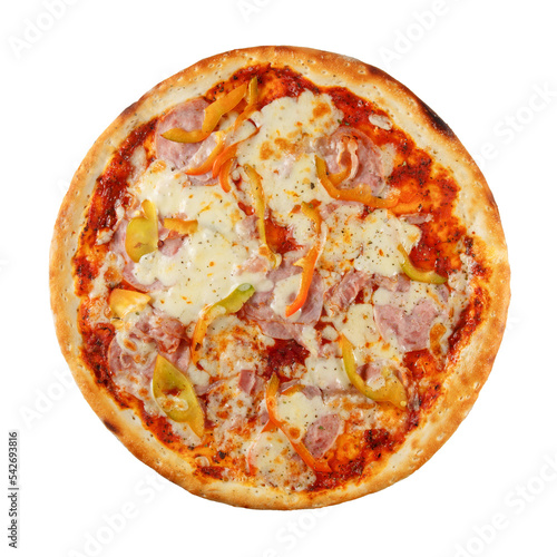 Delicious classic italian pizza with Mozzarella, ham, pepperoni and paprika.