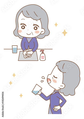 A set of senior women who gargle and wash their hands.
