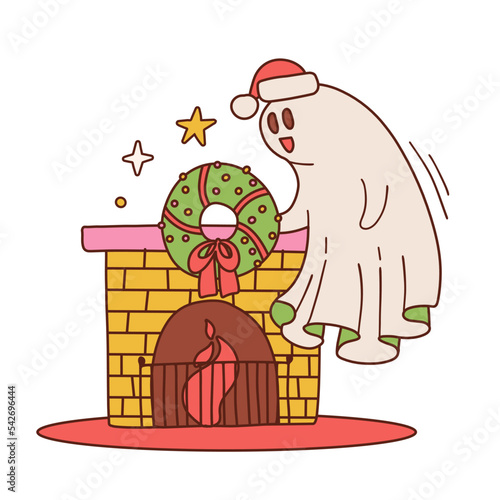 Christmas spirit hanging decorated xmas wreath on fireplace for family winter holidays, x-mas eve and new year. Cartoon groovy retro contour vector illustration