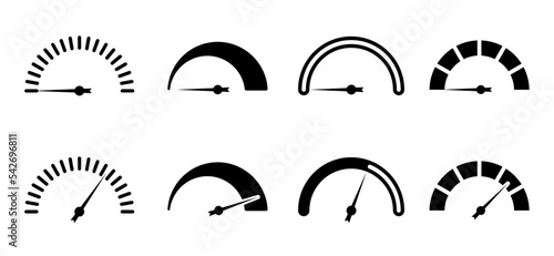 Cartoon speedometer or tachometer icon or symbol. Meter gauge element. Scale, level of performance with arrow. Speed dial indicator Low or high barometers, dashboar score progress. Measuring device.