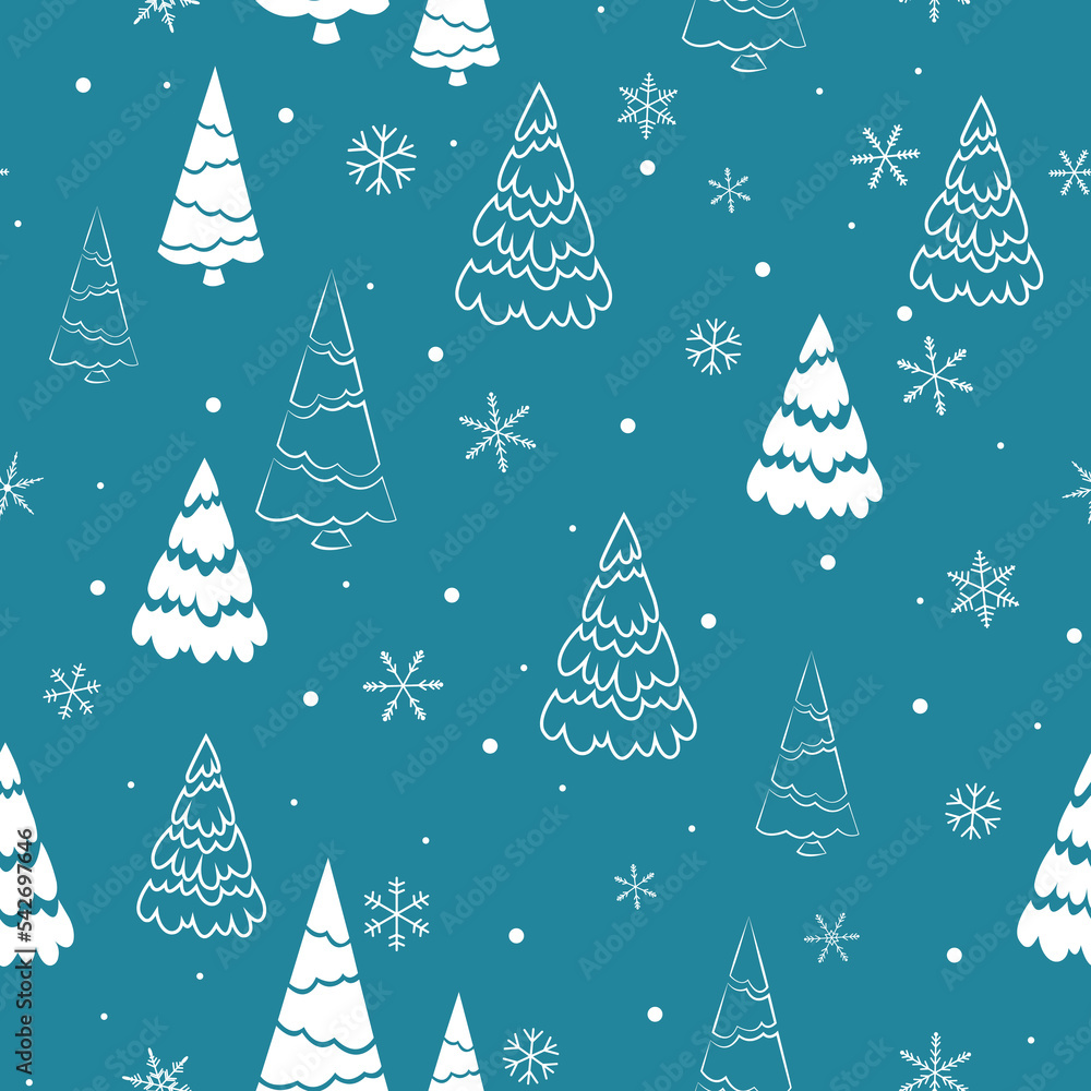 winter seamless pattern with snowflakes and fir trees