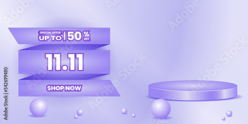global shopping day 11 11 special offer up to 50 percent banner. abstract background, blue cylinder podium, text. 3d, simple, colorful concept. use for event, promotion, advert, ads, poster