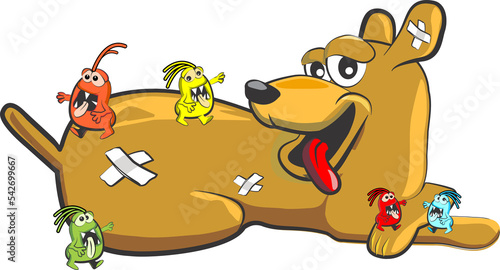 Dog with fleas - illustration,
A funny dog and a scary army of fleas photo