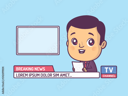 Cute male newscaster. Chibi style vector cartoon illustration.