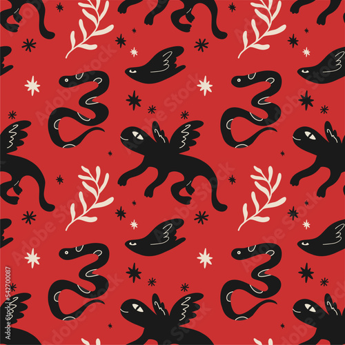 Seamless pattern with various strange creatures, imaginary monsters. Fictional, fantastic animals. Hand-drawn illustration, suitable for printing.