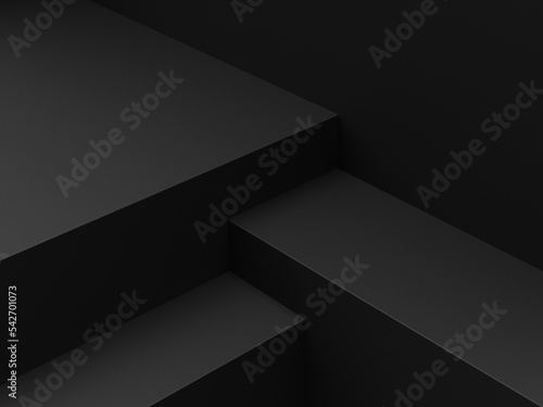 Empty minimal black platform podium or pedestal for product presentation. Empty stand showcase. Blank template for advertise. Abstract black background. 3d rendering.
