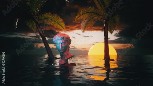Michelangelo's David statue at sea, sunset background with palm trees