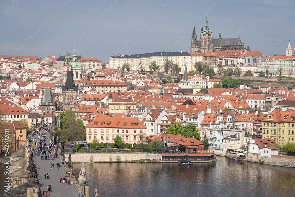 Historical old city panorama with dominant cathedral towering above downtown, Prague, Czechia