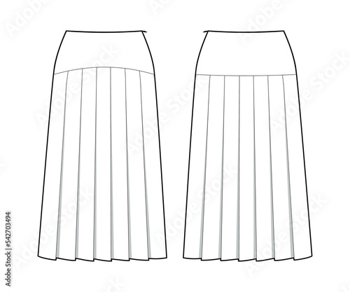 Fashion technical drawing of pleated yoke skirt