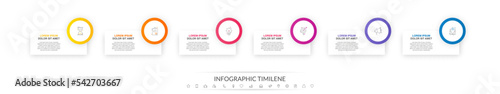 Modern vector infographics design template. Concept with six steps, labels. Creative timeline with graph elements, percentage circles and icons. Performance analysis in percent