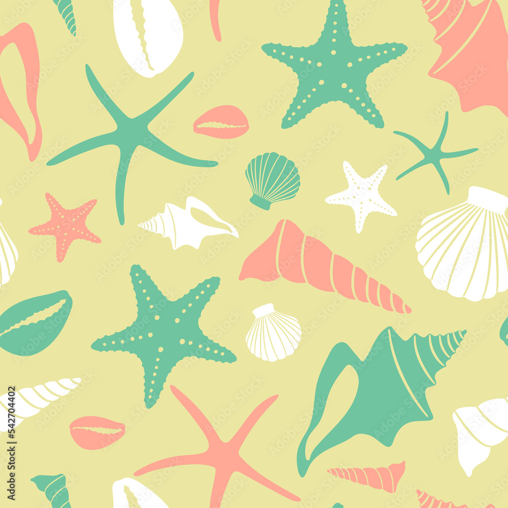 Boho seamless pattern with conch shells and sea stars on white background.
