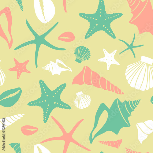 Boho seamless pattern with conch shells and sea stars on white background.