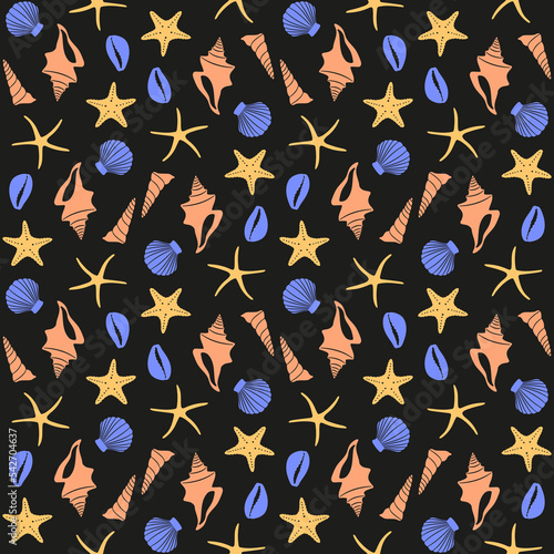 Boho seamless pattern with conch shells and sea stars on black background.