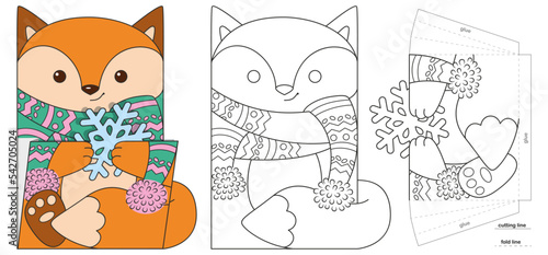 Christmas paper pocket with fox for advent calendar. Coloring page for kids creativity