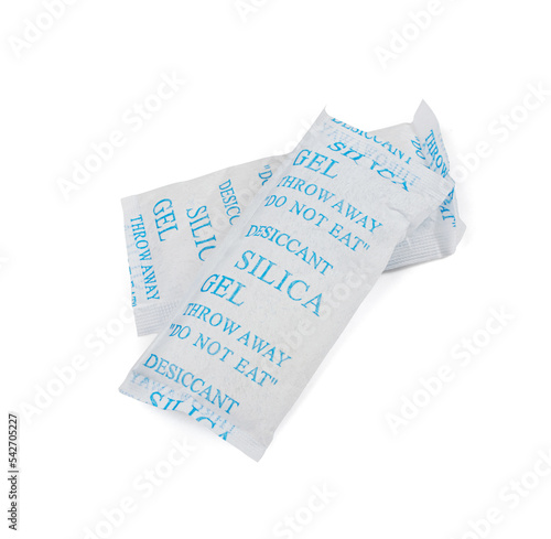 Desiccant Silica Gel Adsorbent Sachet Isolated, Desiccant Polymer Bag, Silicagel, Clipping Path photo