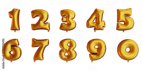 Set of golden balloons numbers. 3D render 