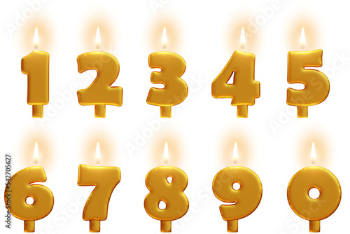 Set of  golden Birthday number candles. 3D render