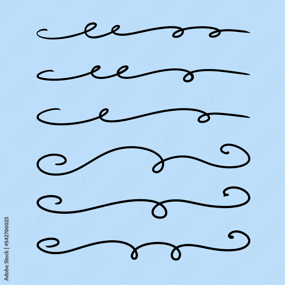 A set of strokes, vector separators with curls, hand-drawn black line